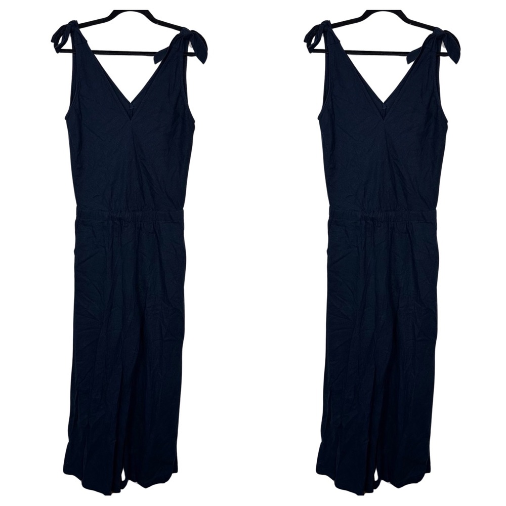 Just Living Navy Blue Linen Wide Leg Flowy Sleeveless Tie Shoulder Jumpsuit S